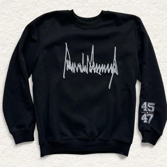 Donald Trump Black Crewneck Sweatshirt – White Embroidered Signature – Unisex - Picture 1 of 4